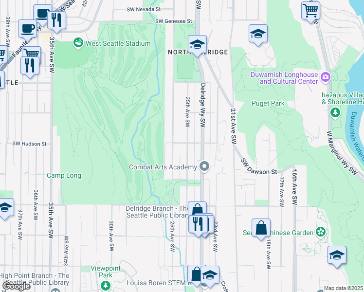 map of restaurants, bars, coffee shops, grocery stores, and more near 5001 25th Avenue Southwest in Seattle