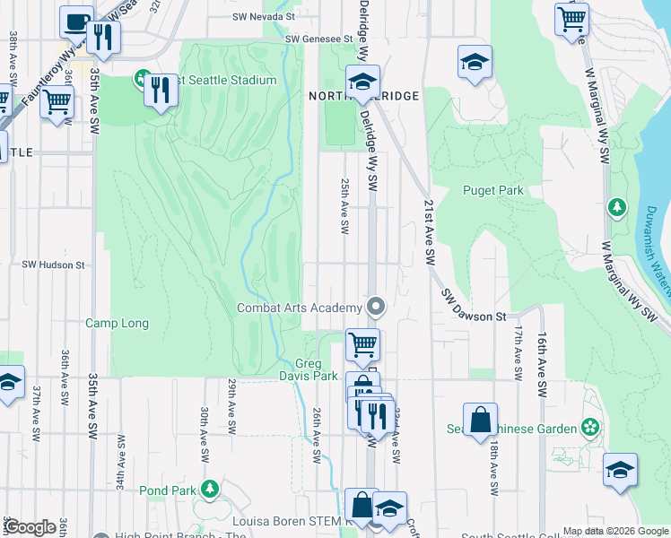 map of restaurants, bars, coffee shops, grocery stores, and more near 4856 25th Avenue Southwest in Seattle