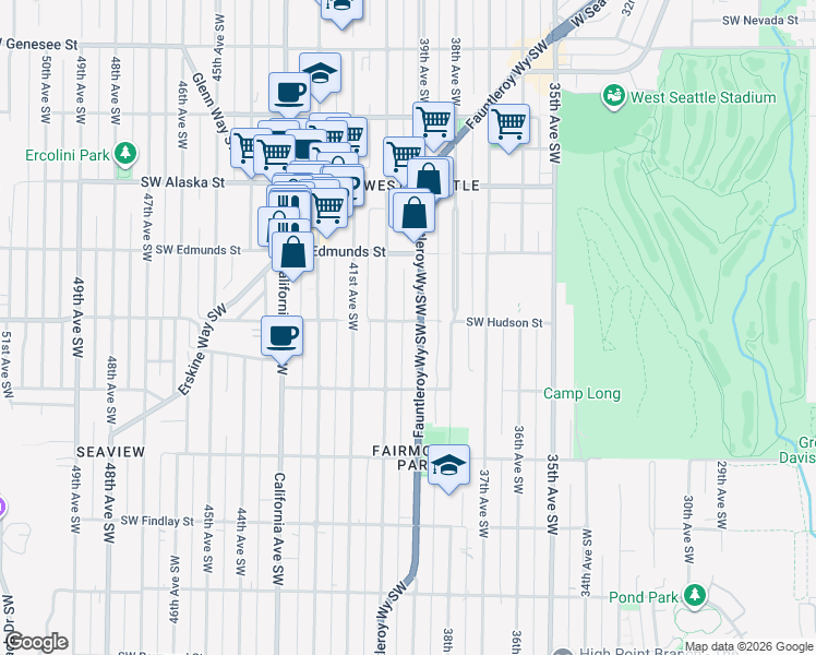 map of restaurants, bars, coffee shops, grocery stores, and more near 3907 Southwest Hudson Street in Seattle