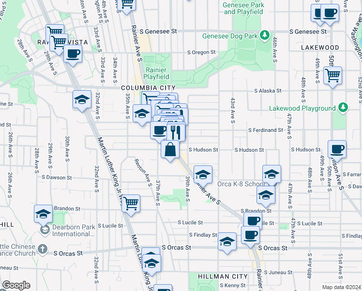 map of restaurants, bars, coffee shops, grocery stores, and more near 4910 Rainier Avenue South in Seattle