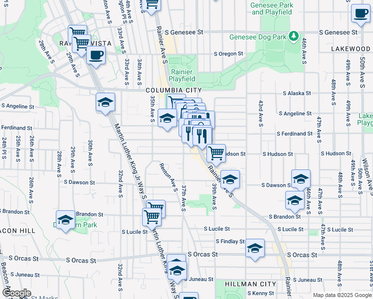 map of restaurants, bars, coffee shops, grocery stores, and more near 3701 South Ferdinand Street in Seattle