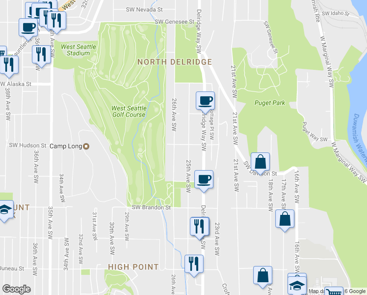 map of restaurants, bars, coffee shops, grocery stores, and more near 4856 25th Avenue Southwest in Seattle