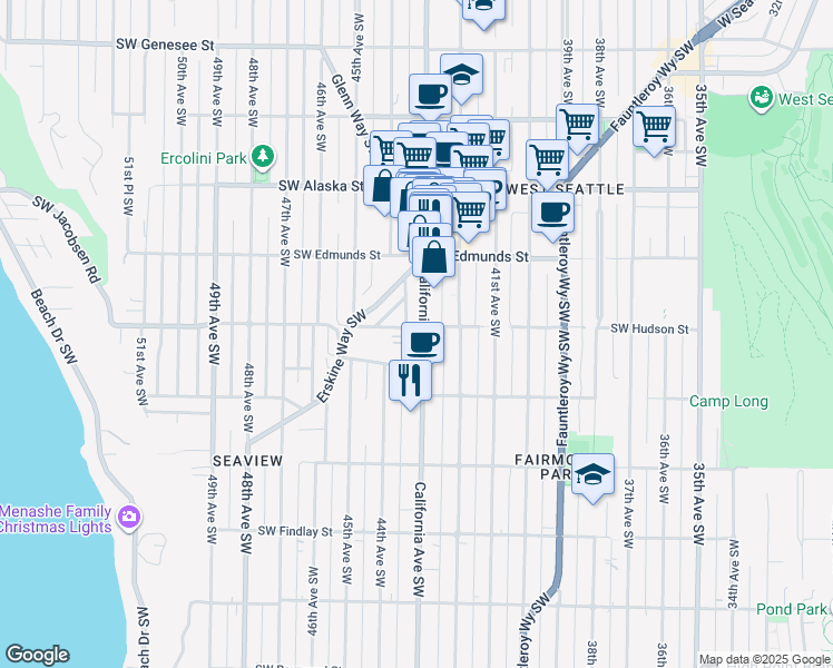 map of restaurants, bars, coffee shops, grocery stores, and more near 4850 California Avenue Southwest in Seattle