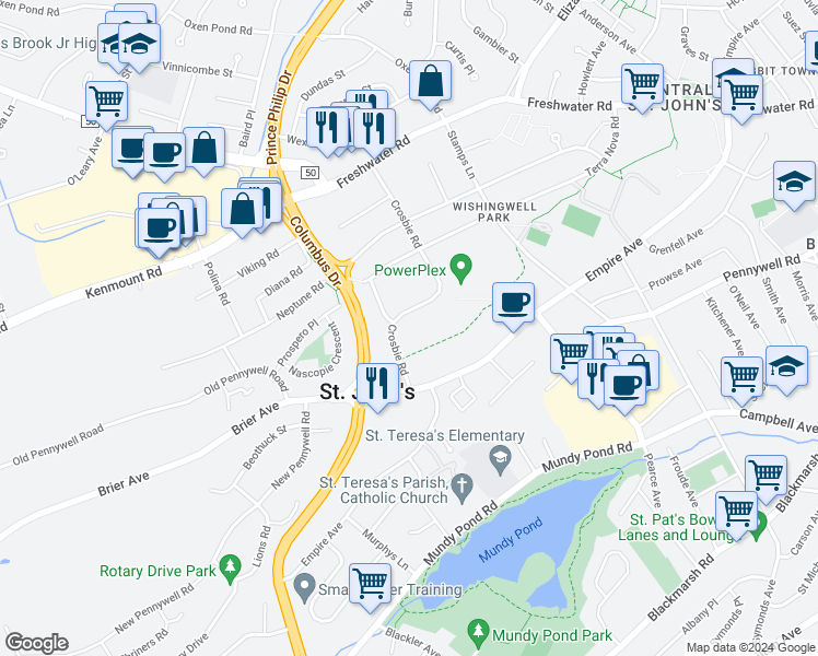map of restaurants, bars, coffee shops, grocery stores, and more near 64 Crosbie Road in St. John's