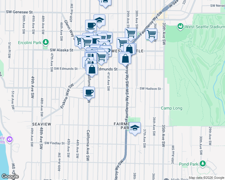map of restaurants, bars, coffee shops, grocery stores, and more near 4015 Southwest Hudson Street in Seattle
