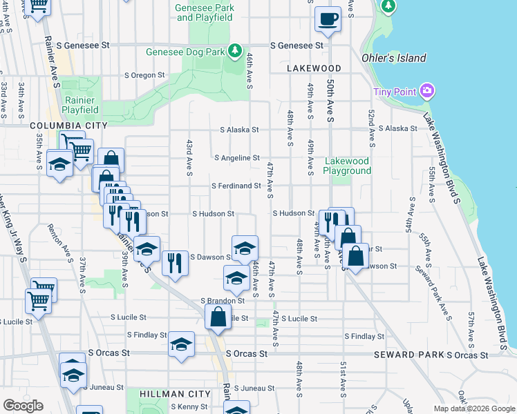 map of restaurants, bars, coffee shops, grocery stores, and more near 4922 46th Avenue South in Seattle