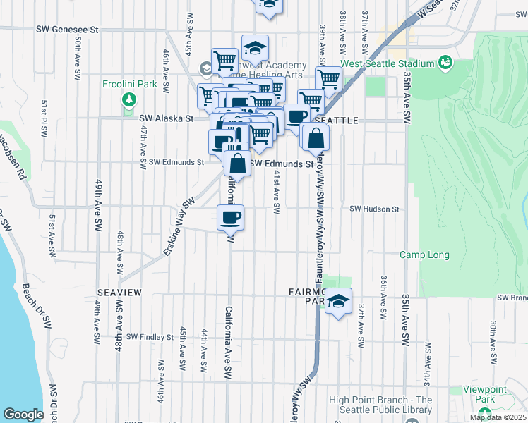 map of restaurants, bars, coffee shops, grocery stores, and more near 4115 Southwest Hudson Street in Seattle