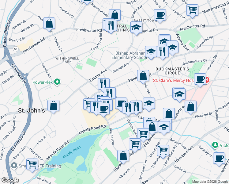 map of restaurants, bars, coffee shops, grocery stores, and more near 44 Cashin Avenue in St. John's