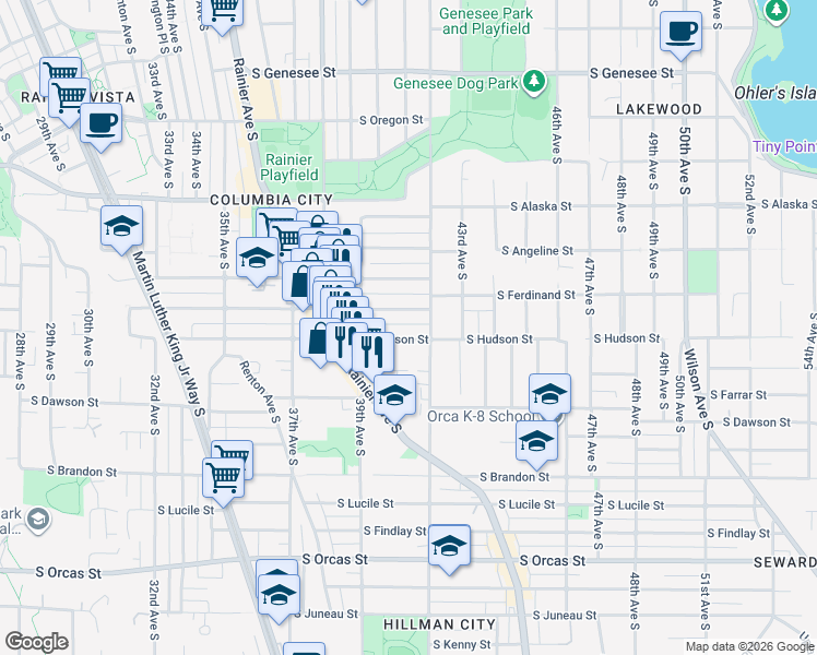 map of restaurants, bars, coffee shops, grocery stores, and more near 3942 South Hudson Street in Seattle