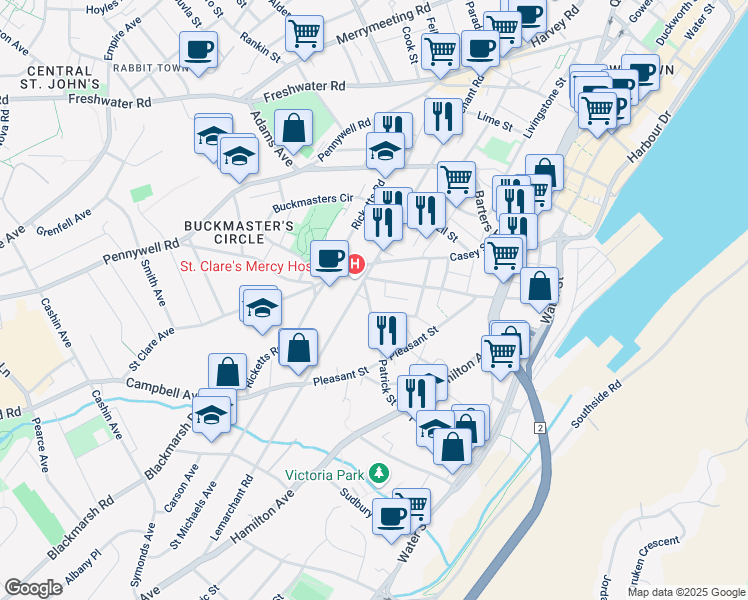 map of restaurants, bars, coffee shops, grocery stores, and more near 178 Patrick Street in St. John's