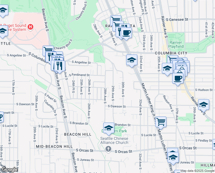 map of restaurants, bars, coffee shops, grocery stores, and more near 2804 South Hudson Street in Seattle