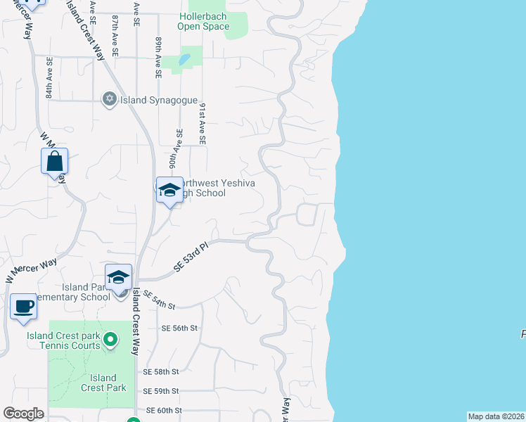 map of restaurants, bars, coffee shops, grocery stores, and more near 5009 East Mercer Highlands Drive in Mercer Island