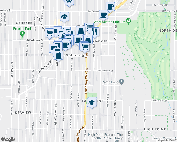 map of restaurants, bars, coffee shops, grocery stores, and more near 5001 38th Avenue Southwest in Seattle