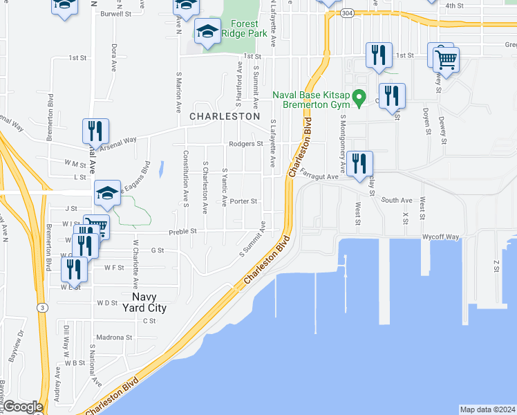 map of restaurants, bars, coffee shops, grocery stores, and more near 504 South Hartford Avenue in Bremerton