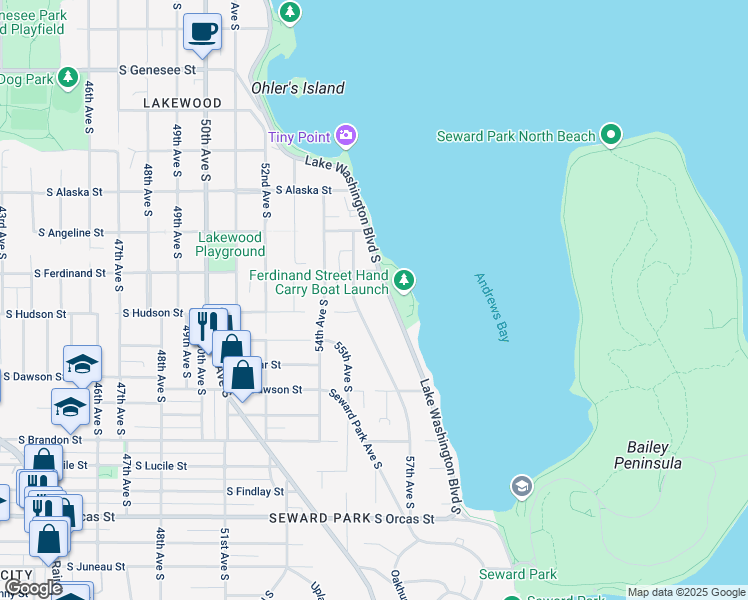 map of restaurants, bars, coffee shops, grocery stores, and more near 4927 Lake Washington Boulevard South in Seattle