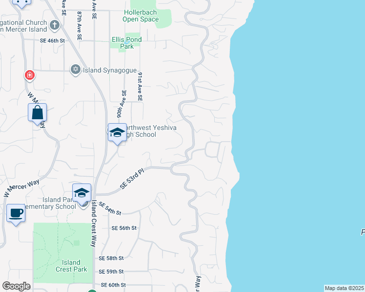 map of restaurants, bars, coffee shops, grocery stores, and more near 5009 East Mercer Highlands Drive in Mercer Island