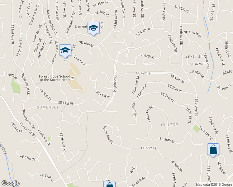 map of restaurants, bars, coffee shops, grocery stores, and more near 5030 Highland Drive in Bellevue