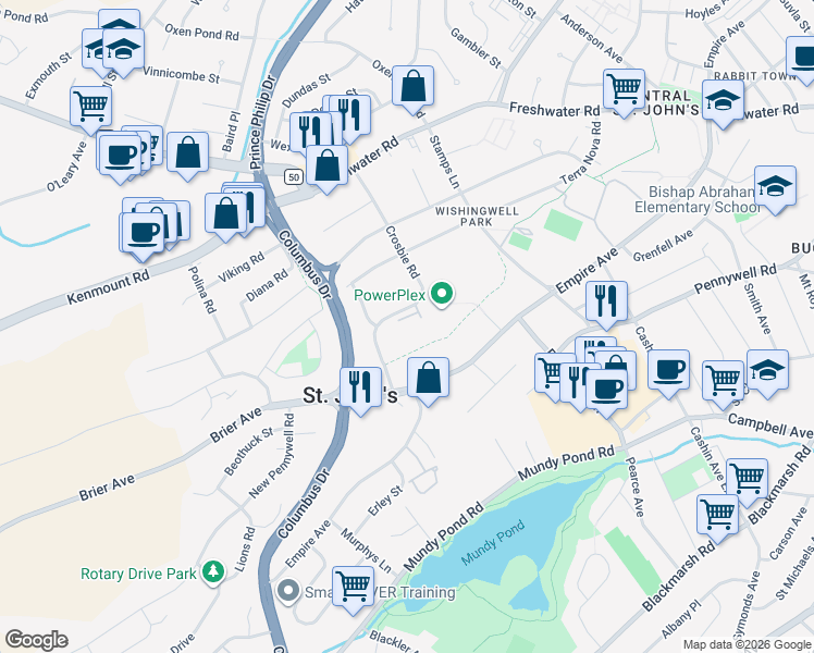 map of restaurants, bars, coffee shops, grocery stores, and more near 64 Crosbie Road in St. John's