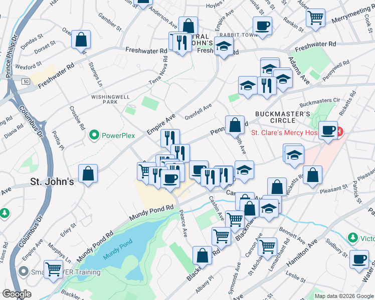 map of restaurants, bars, coffee shops, grocery stores, and more near 46 Cashin Avenue in St. John's
