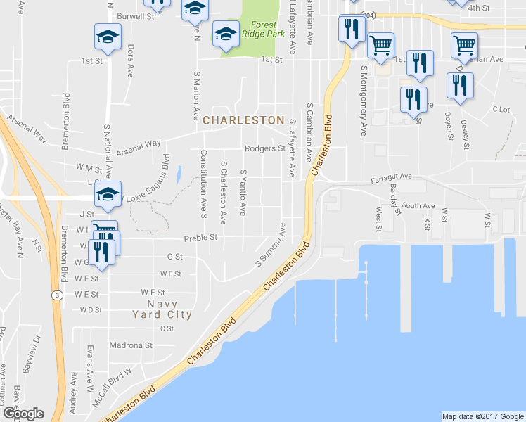 map of restaurants, bars, coffee shops, grocery stores, and more near 504 S Hartford Ave in Bremerton