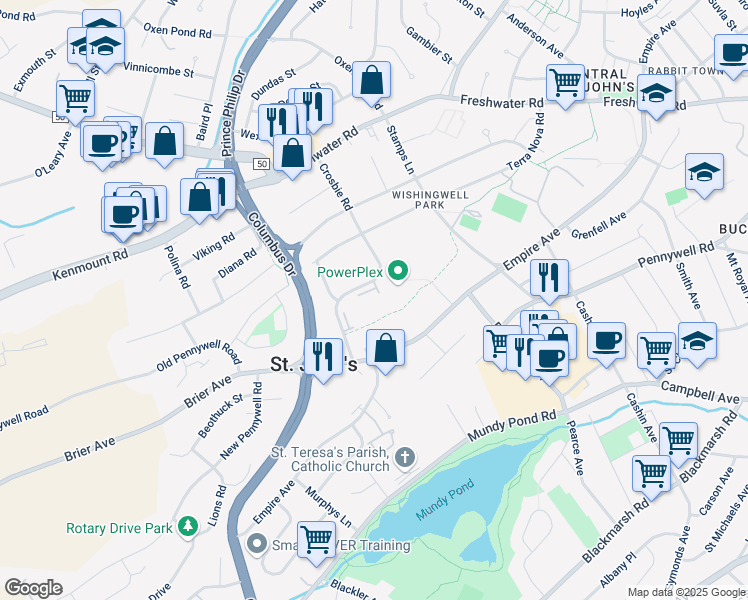 map of restaurants, bars, coffee shops, grocery stores, and more near 64 Crosbie Road in St. John's
