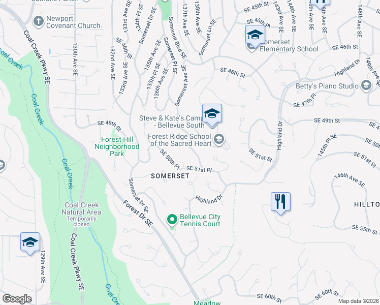 map of restaurants, bars, coffee shops, grocery stores, and more near 5005 136th Place Southeast in Bellevue