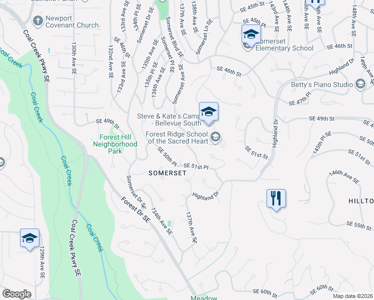 map of restaurants, bars, coffee shops, grocery stores, and more near 5005 136th Place Southeast in Bellevue