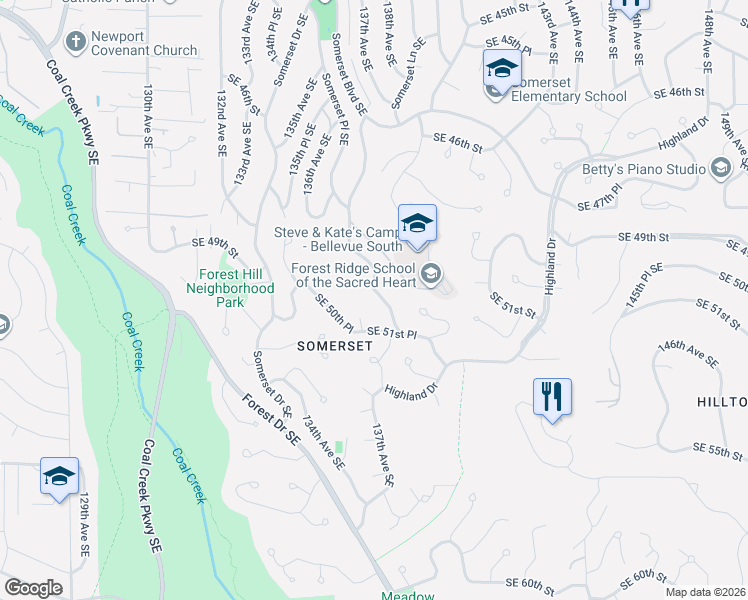 map of restaurants, bars, coffee shops, grocery stores, and more near 5005 136th Place Southeast in Bellevue
