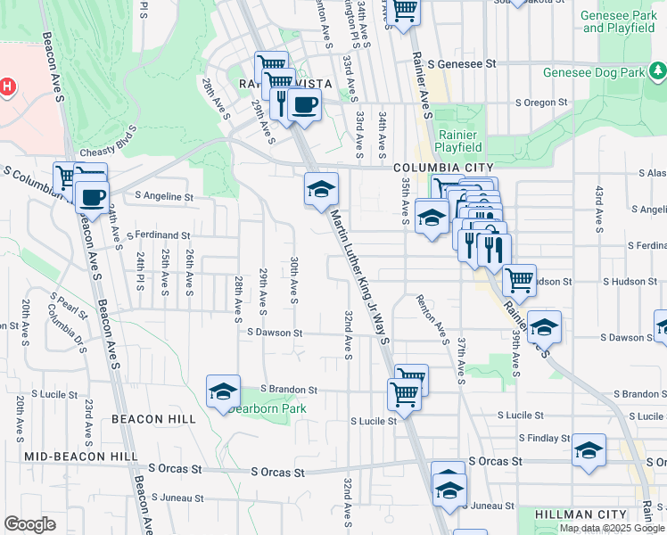 map of restaurants, bars, coffee shops, grocery stores, and more near 3113 South Ferdinand Street in Seattle