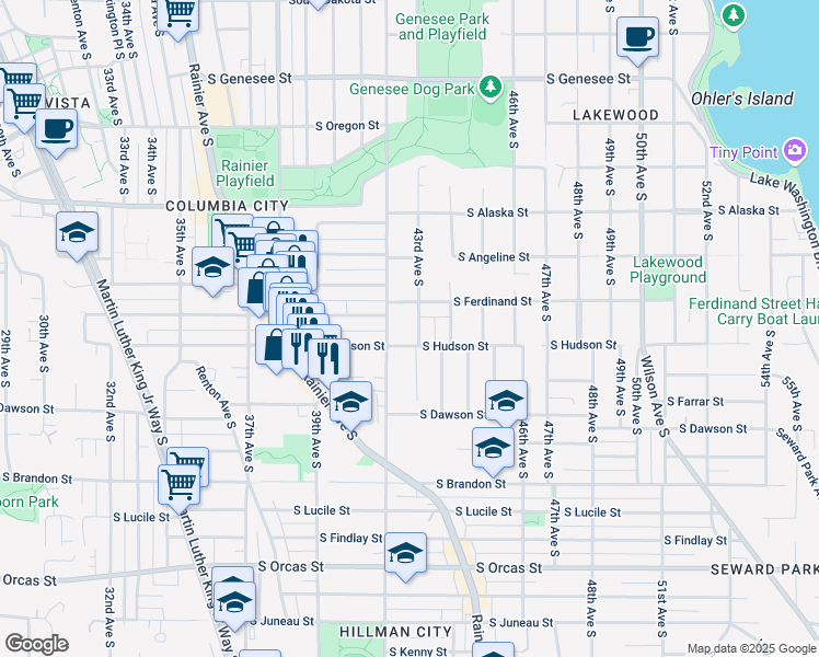 map of restaurants, bars, coffee shops, grocery stores, and more near 4921 43rd Ave S in Seattle
