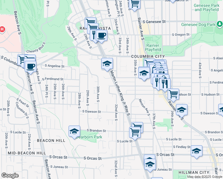 map of restaurants, bars, coffee shops, grocery stores, and more near 3113 South Ferdinand Street in Seattle