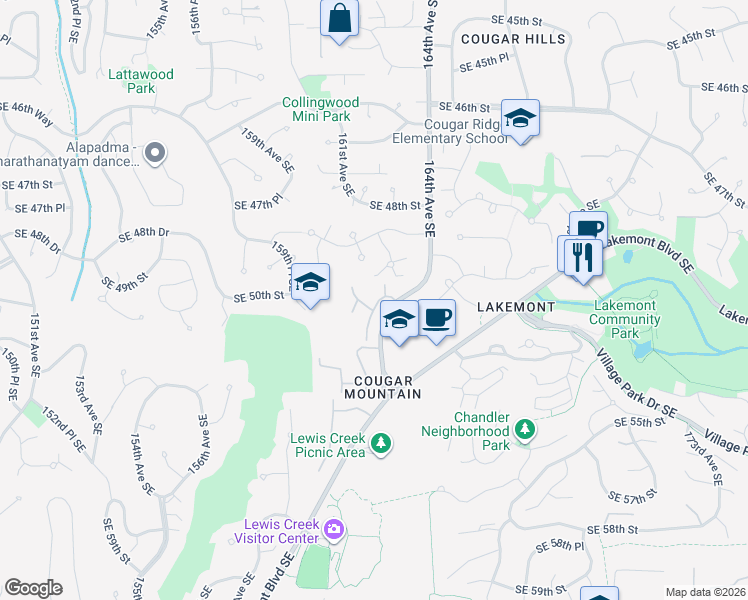 map of restaurants, bars, coffee shops, grocery stores, and more near 5041 163rd Place Southeast in Bellevue