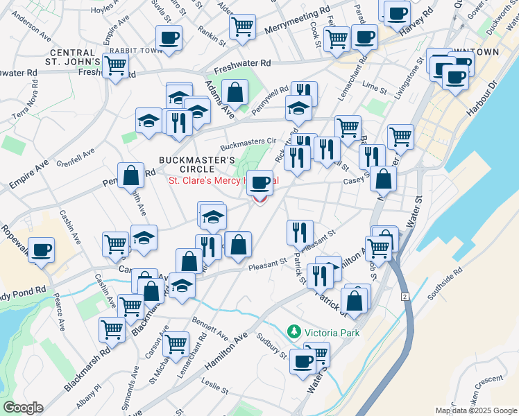 map of restaurants, bars, coffee shops, grocery stores, and more near 154 Lemarchant Road in St. John's