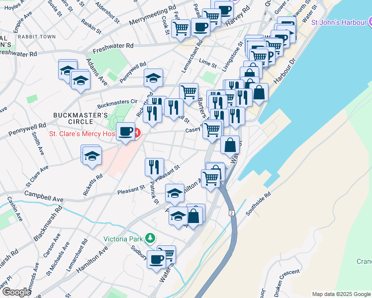 map of restaurants, bars, coffee shops, grocery stores, and more near 67 Springdale Street in St. John's