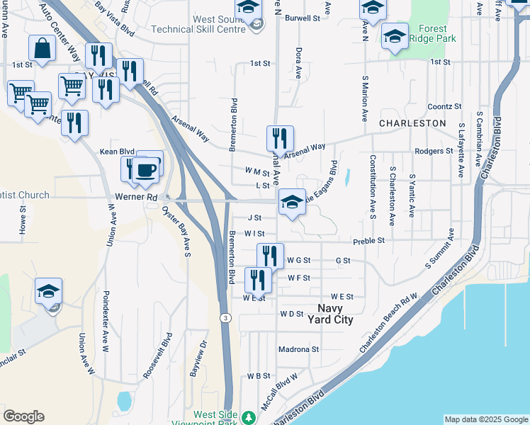 map of restaurants, bars, coffee shops, grocery stores, and more near 4108 J Street in Bremerton