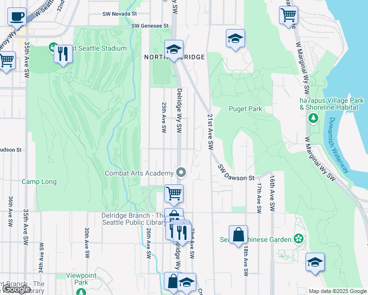 map of restaurants, bars, coffee shops, grocery stores, and more near 2316 Southwest Hudson Street in Seattle