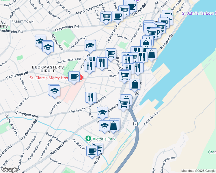 map of restaurants, bars, coffee shops, grocery stores, and more near 71 Springdale Street in St. John's