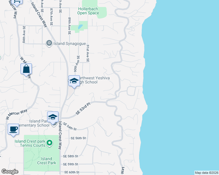 map of restaurants, bars, coffee shops, grocery stores, and more near 5009 East Mercer Highlands Drive in Mercer Island