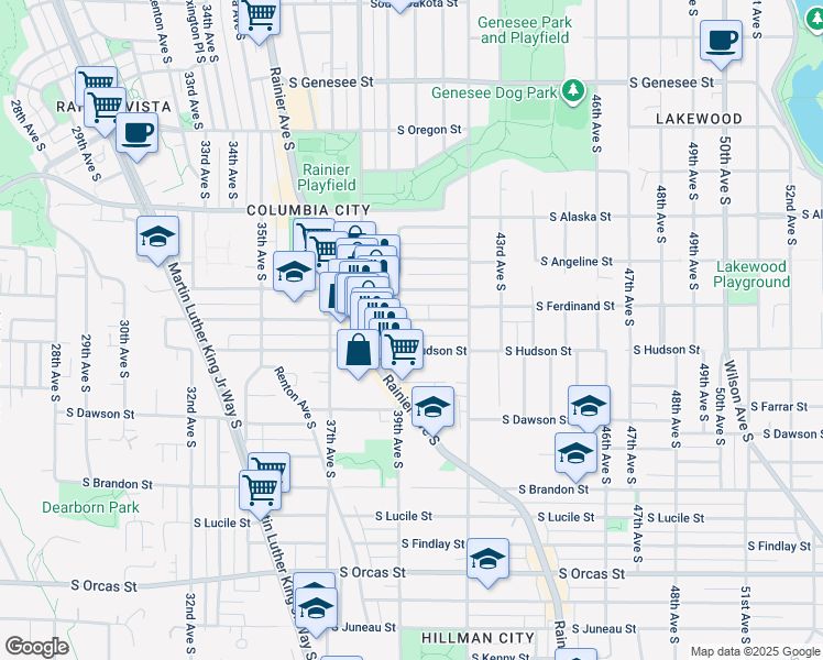 map of restaurants, bars, coffee shops, grocery stores, and more near 3907 South Ferdinand Street in Seattle
