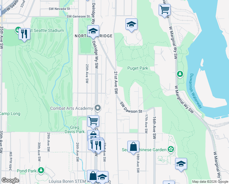 map of restaurants, bars, coffee shops, grocery stores, and more near 5004 Puget Boulevard Southwest in Seattle