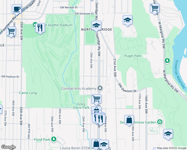 map of restaurants, bars, coffee shops, grocery stores, and more near 4856 25th Avenue Southwest in Seattle