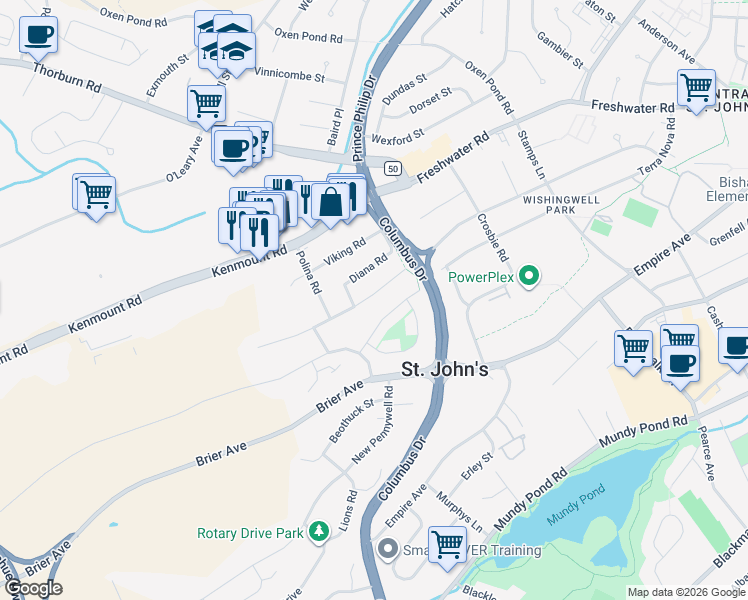 map of restaurants, bars, coffee shops, grocery stores, and more near 35 Neptune Road in St. John's