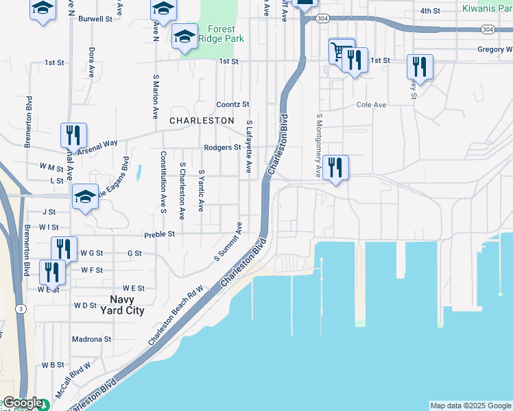 map of restaurants, bars, coffee shops, grocery stores, and more near 428 South Lafayette Avenue in Bremerton