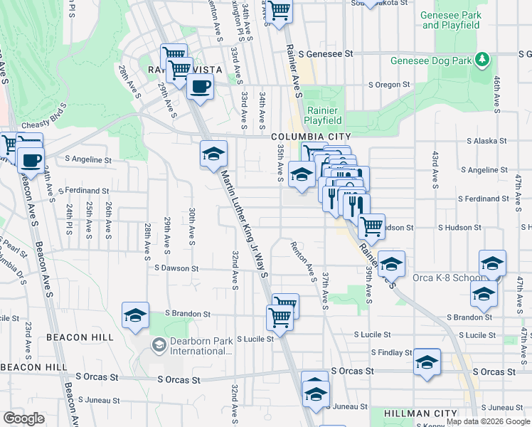 map of restaurants, bars, coffee shops, grocery stores, and more near 3259 South Ferdinand Street in Seattle