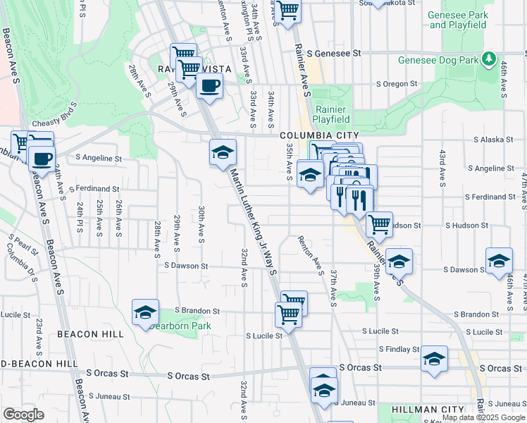 map of restaurants, bars, coffee shops, grocery stores, and more near 3225 South Ferdinand Street in Seattle