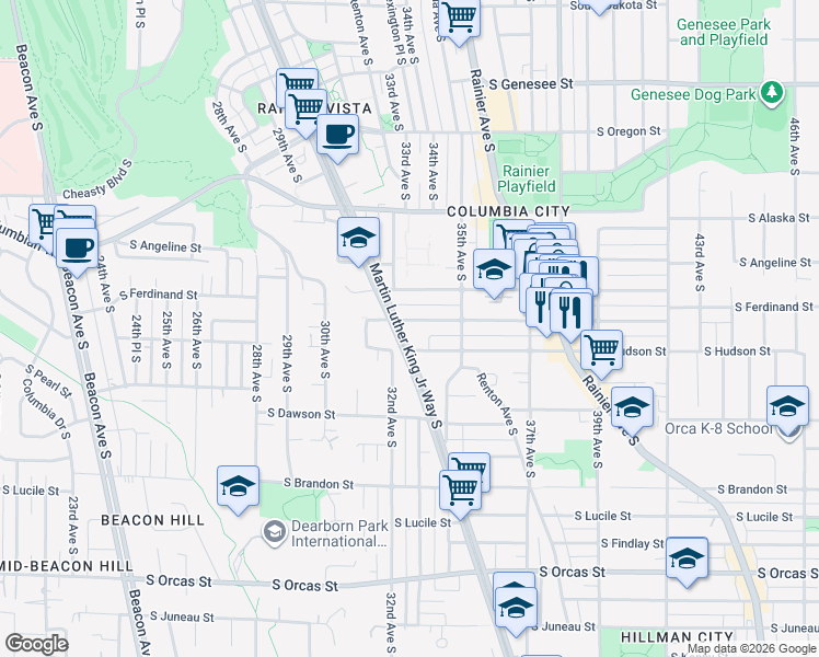 map of restaurants, bars, coffee shops, grocery stores, and more near 3225 South Ferdinand Street in Seattle