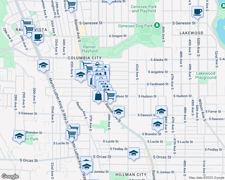 map of restaurants, bars, coffee shops, grocery stores, and more near 3907 South Ferdinand Street in Seattle