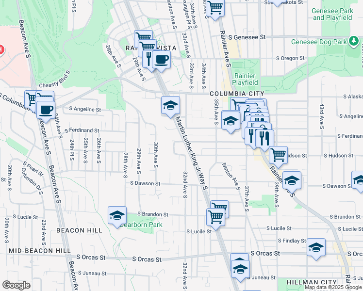 map of restaurants, bars, coffee shops, grocery stores, and more near 3113 South Ferdinand Street in Seattle