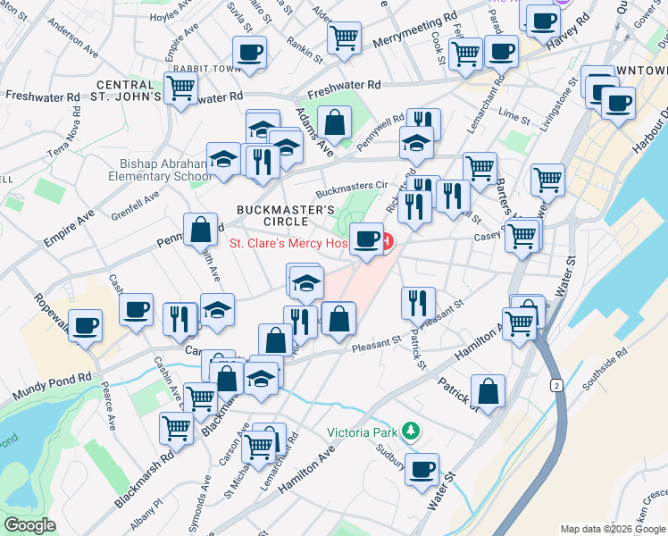 map of restaurants, bars, coffee shops, grocery stores, and more near 44 Saint Clare Avenue in St. John's