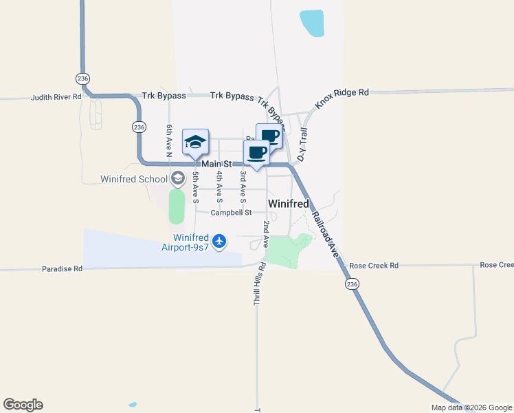 map of restaurants, bars, coffee shops, grocery stores, and more near 204 Campbell Street in Winifred